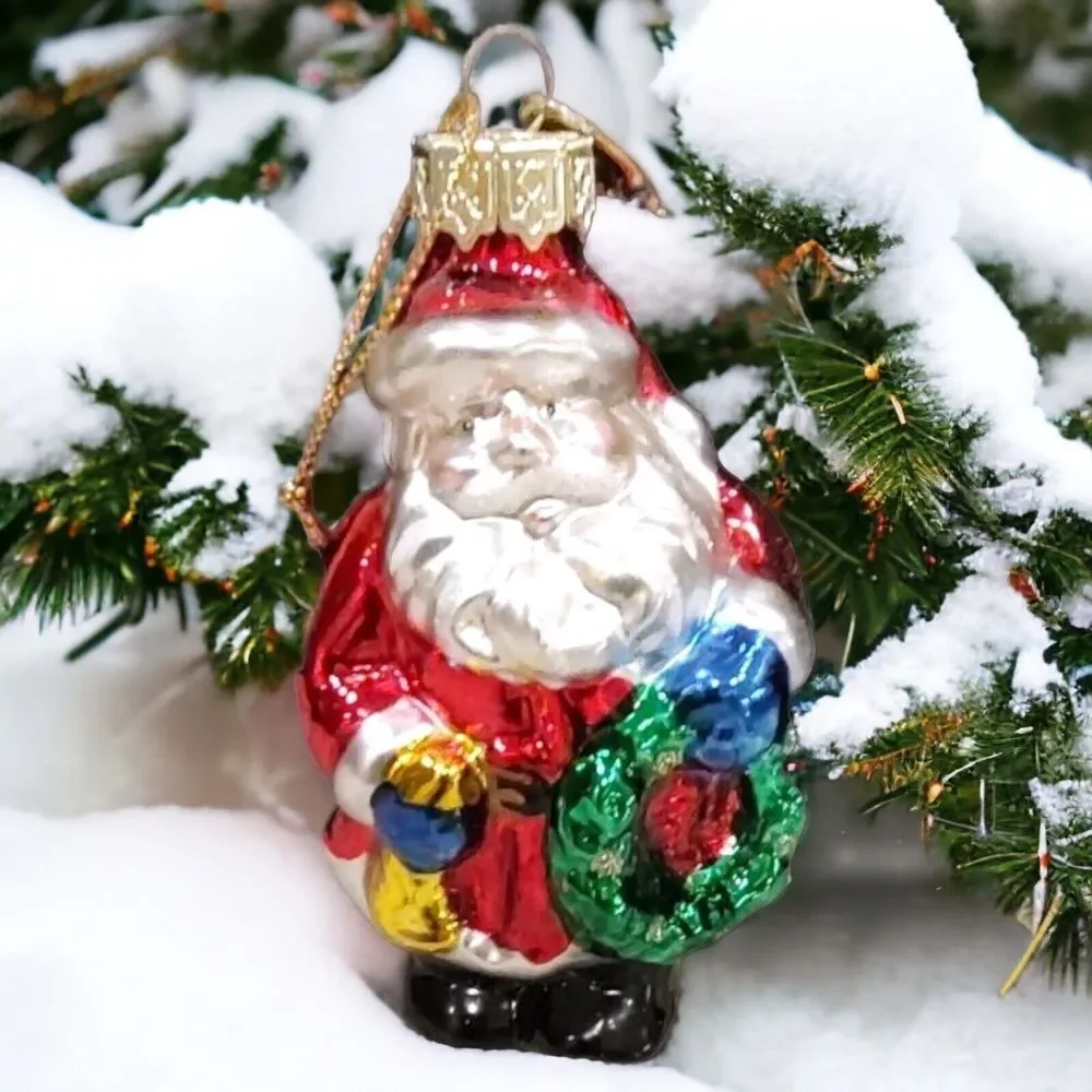Jolly Santa Blue Gloves Horn Christmas Wreath Ornament Blown Glass Pacconi 2002